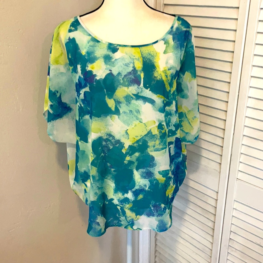 GUESS Sheer Flowy Green Abstract Top, XL